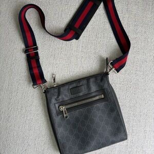 Gucci Dark Gray Messenger Bag with Red and Blue Strap